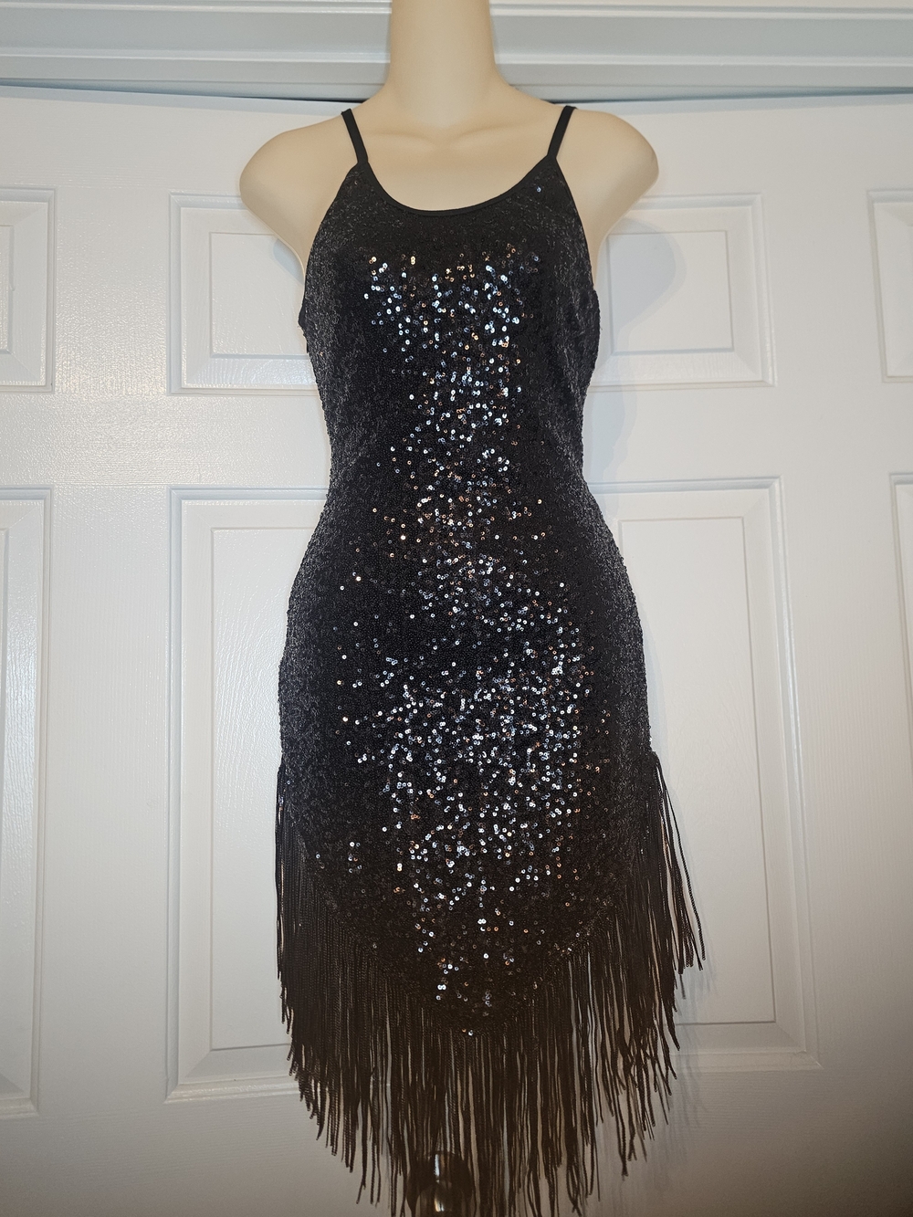 black sequin fringe flapper great gatsby dress size s